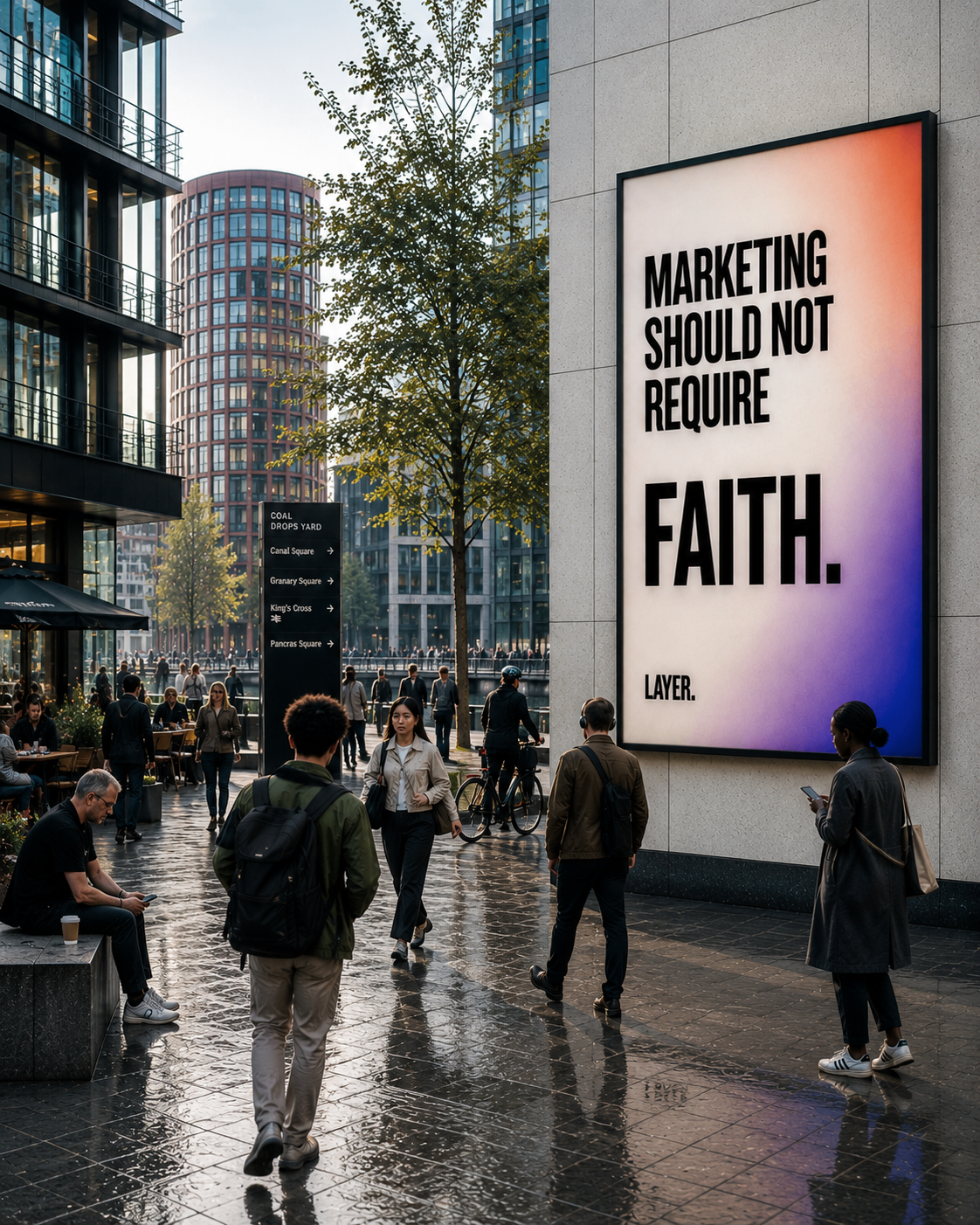 Layer campaign poster on a premium urban street: Marketing should not require faith.