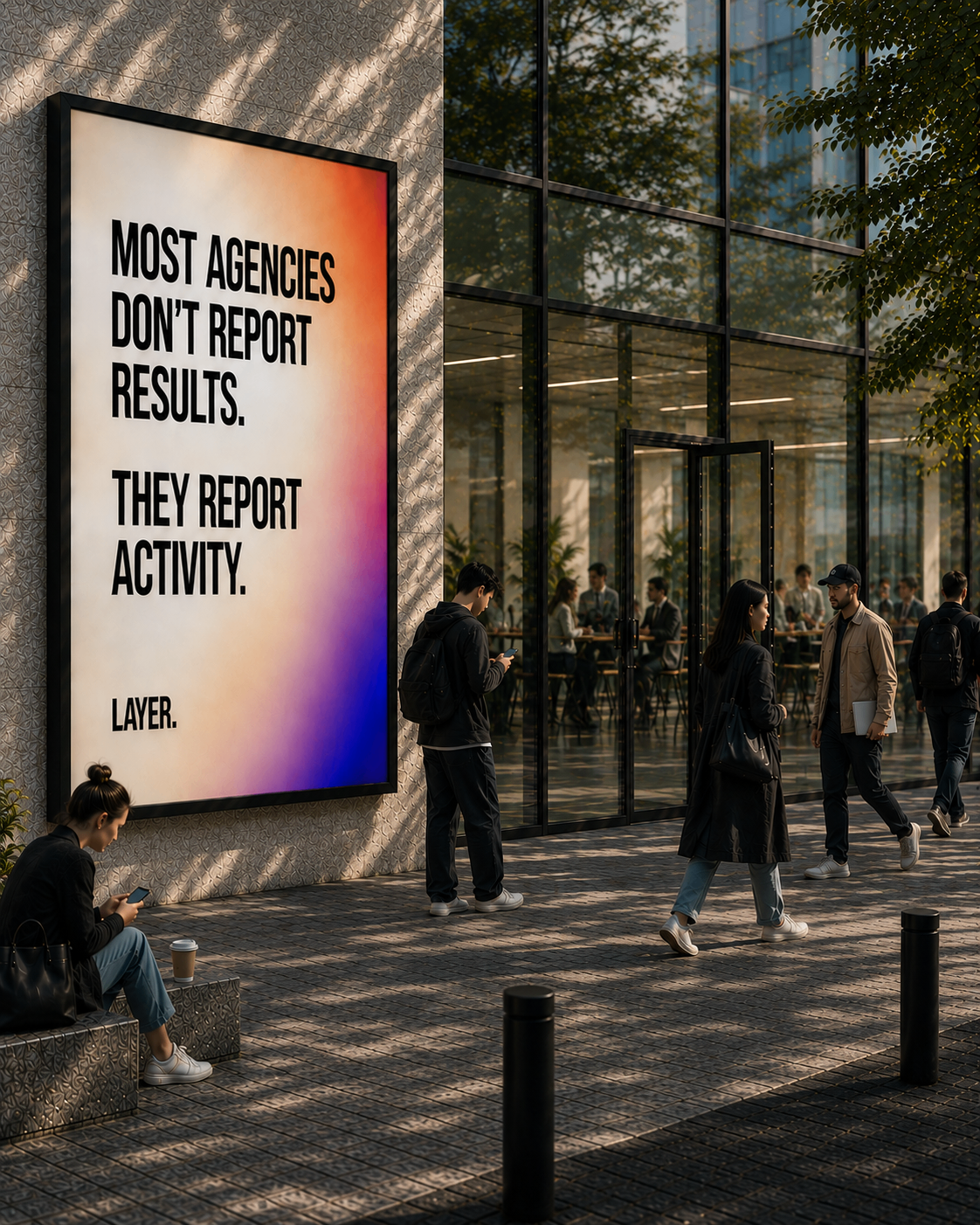 Layer campaign poster on a modern office exterior: Most agencies don't report results. They report activity.
