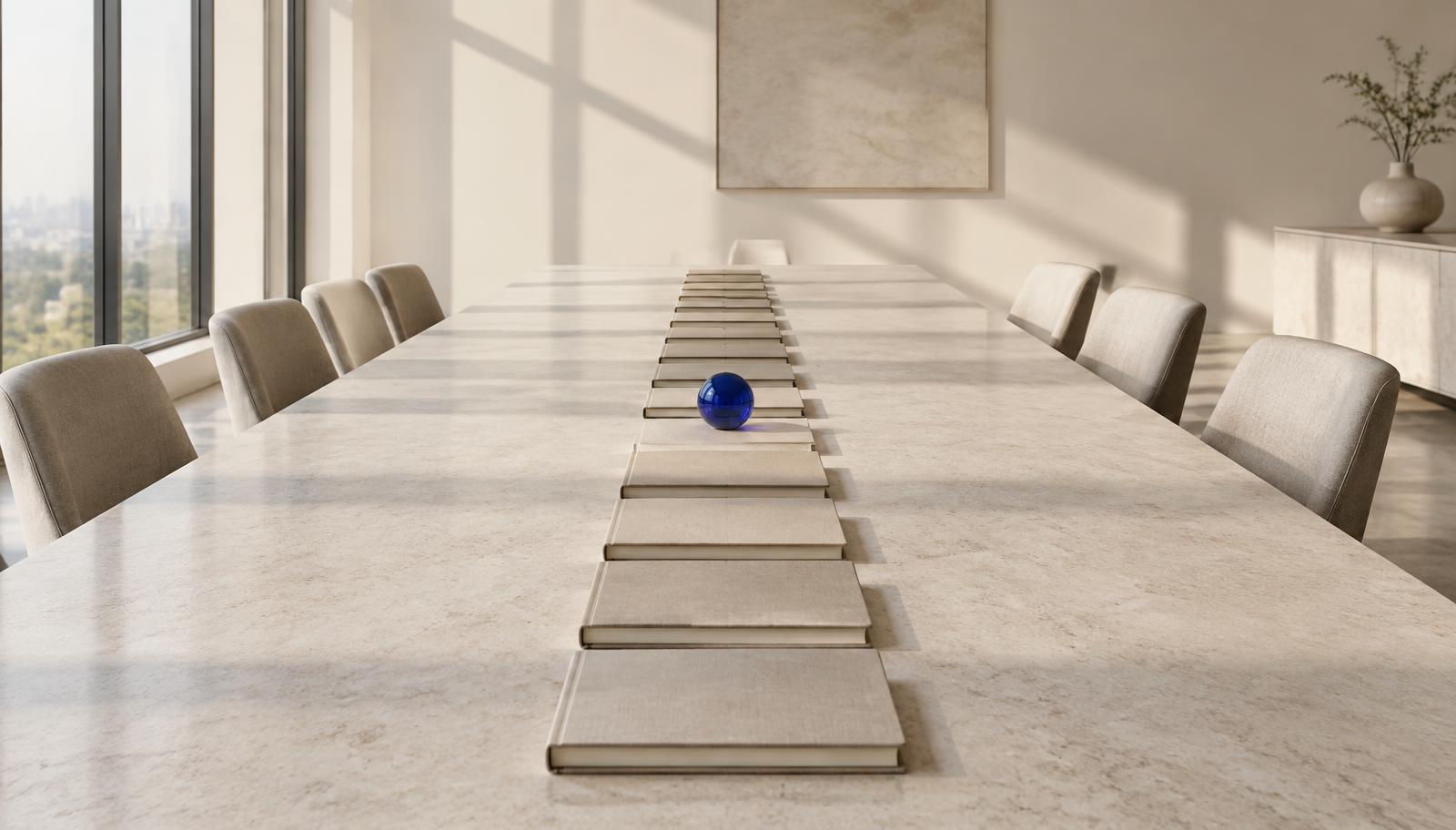 A long row of identical beige notebooks on a boardroom table, with a single small blue glass sphere among them.