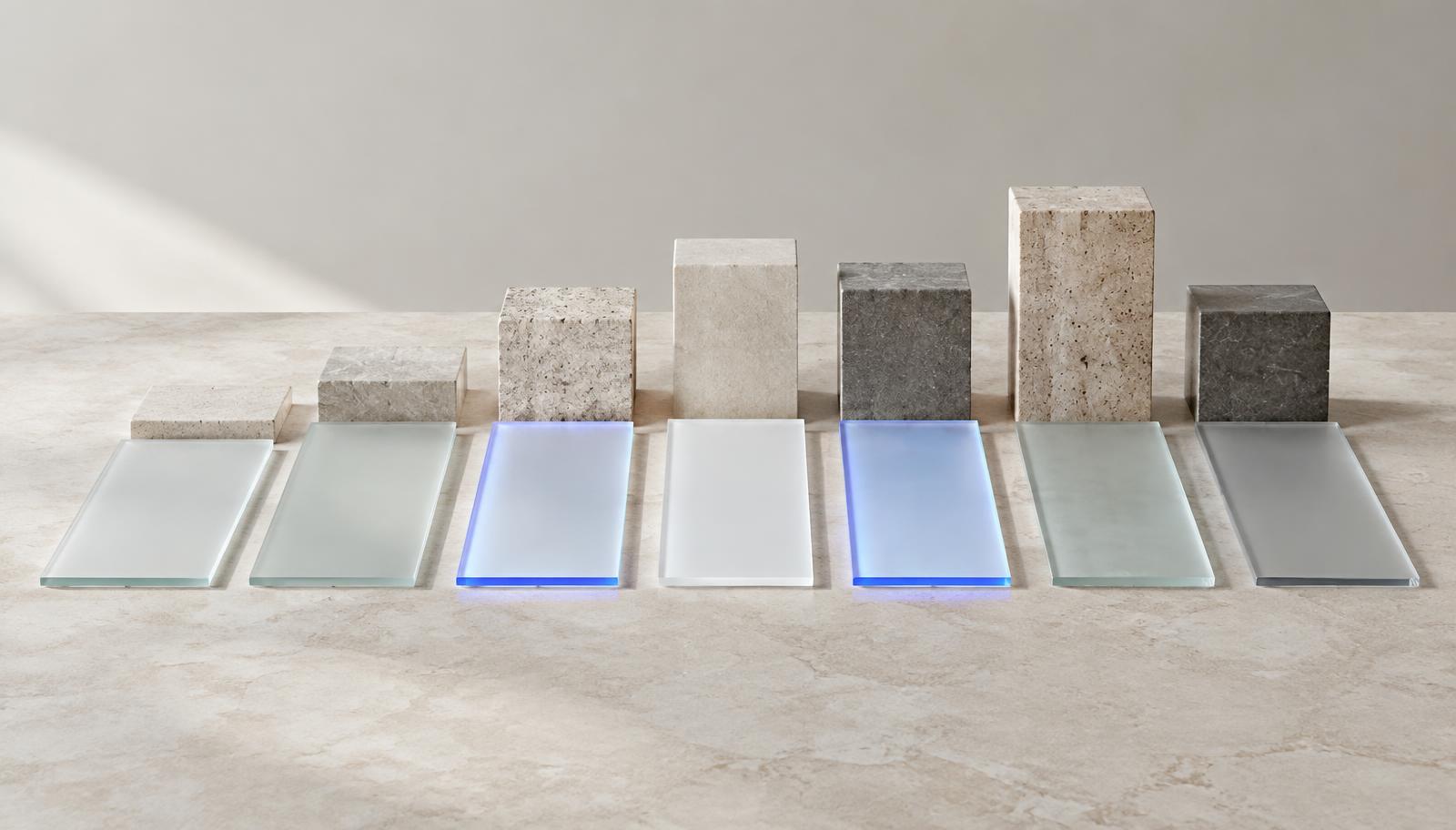 Frosted glass tiles and stone blocks arranged in aligned rows for comparison, a few edged in soft blue light.