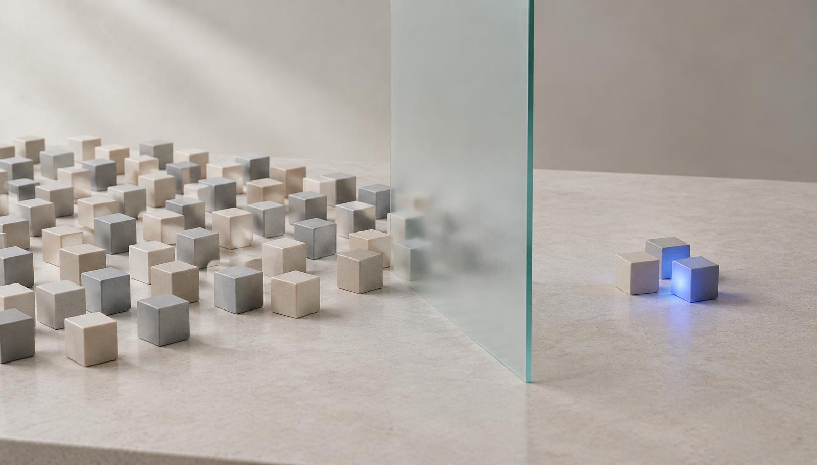 Many neutral cubes on a stone table narrowing through a frosted glass slit into a shortlist of three, one glowing blue.